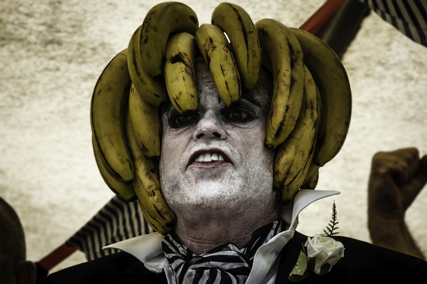 A man wearing bananas on his head at the Brighton Gay Pride parade of August 2013