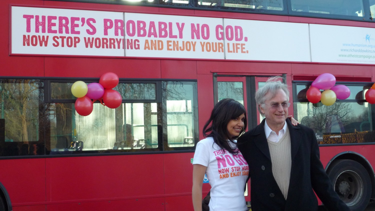 Atheist Bus Campaign creator Ariane Sherine and Richard Dawkins at its launch in London