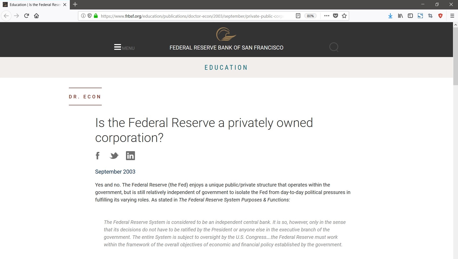Federal Reserve Bank of San Francisco - Is the Federal Reserve a privately owned corporation?