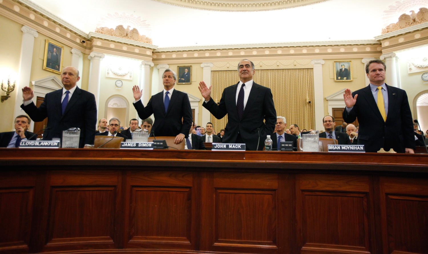 Bankers Jamie Dimon of JPMorgan Chase, Lloyd Blankfein of Goldman Sachs, John Mack of Morgan Stanley, Brian Moynihan of Bank of America Corp. at a hearing on Capitol Hill on January 13, 2010