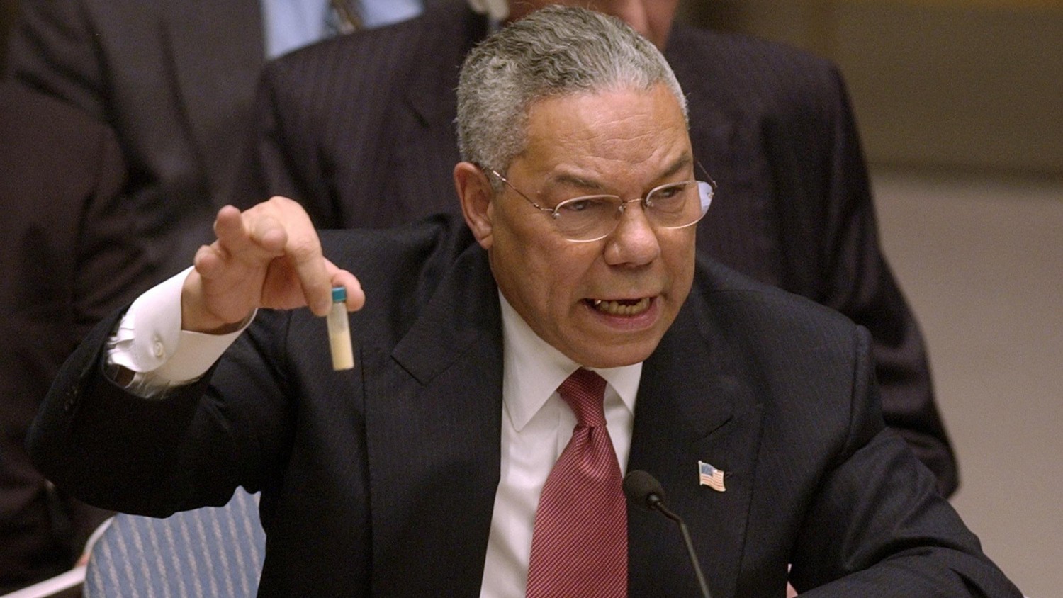 Colin Powell's fake anthrax presentation at the United Nations meant to create support for the Iraq War, another aggressive war