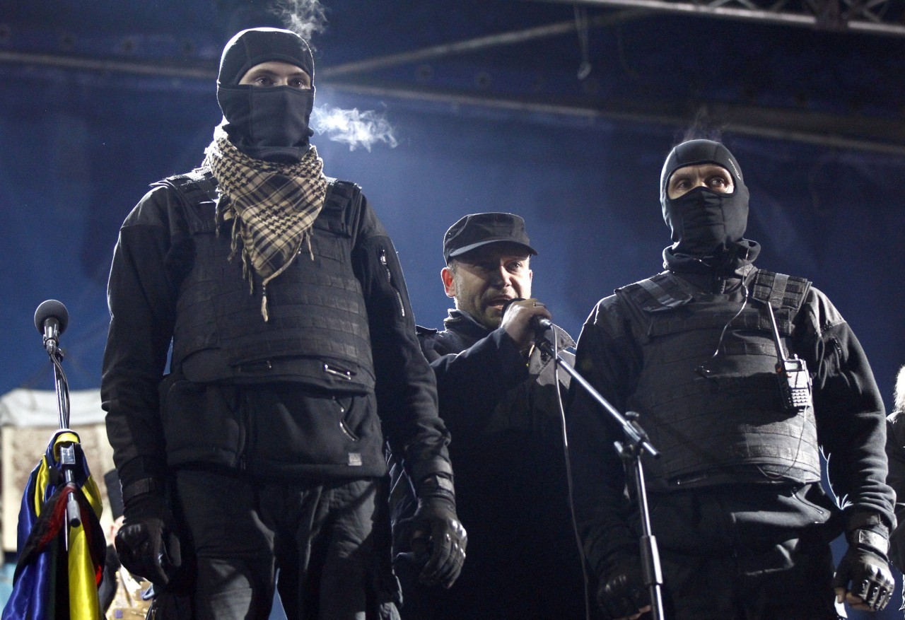 Neo-Nazi Dmytro Yarosh, a leader of the Right Sector movement,during a rally in central Independence Square in Kiev, 21 February 2014