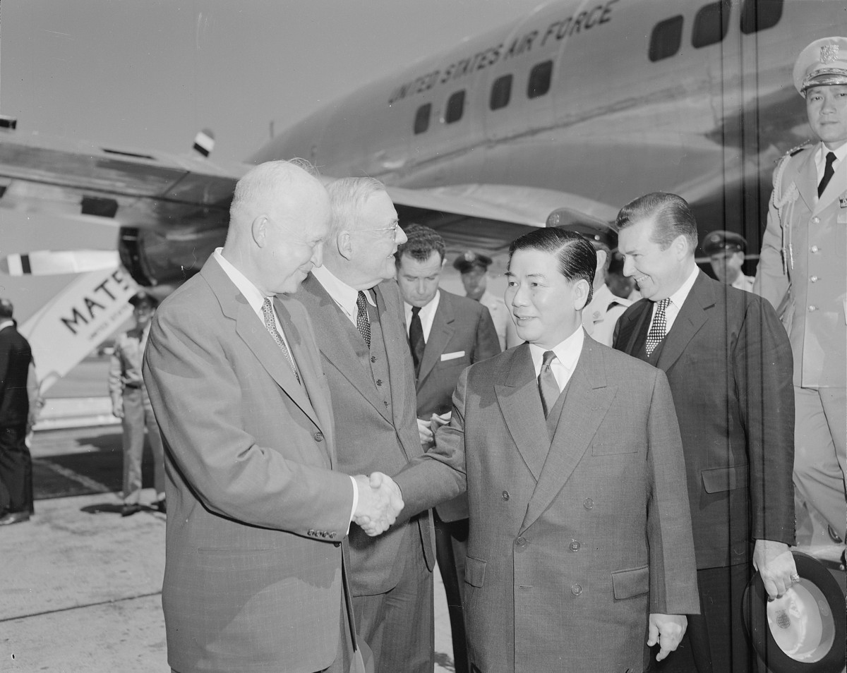 US President Dwight Eisenhower, US Secretary of State John Foster Dulles, and South Vietnamese President Ngo Dinh Diem