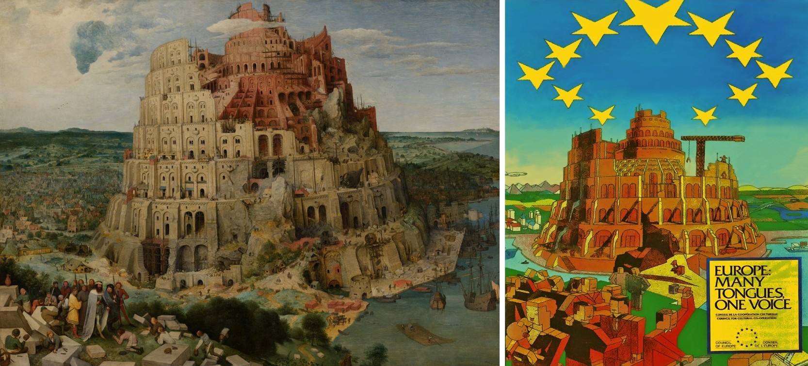 'The Tower of Babel' by Pieter Bruegel the Elder and an early EU poster
