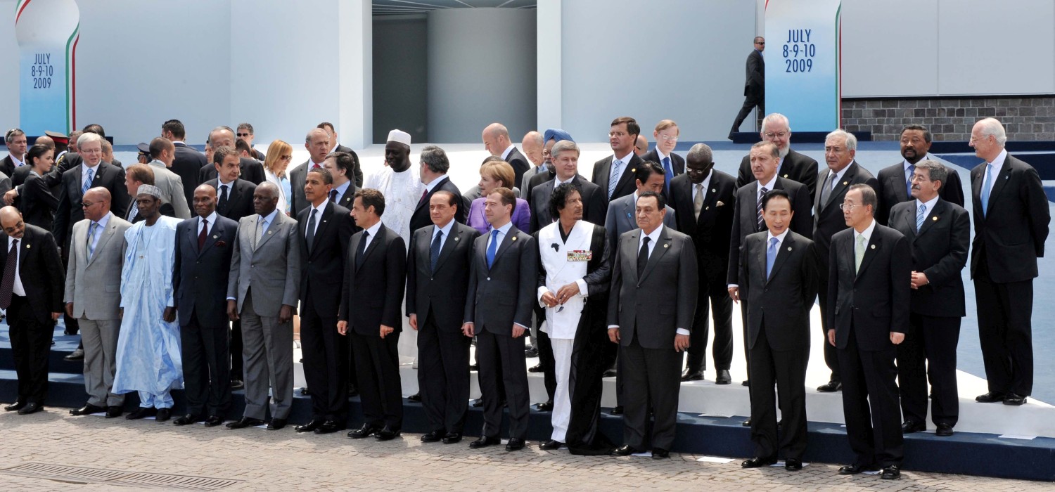 Muammar Gaddafi with western leaders at the 35th G8 summit held in Italy on 8-10 July 2009