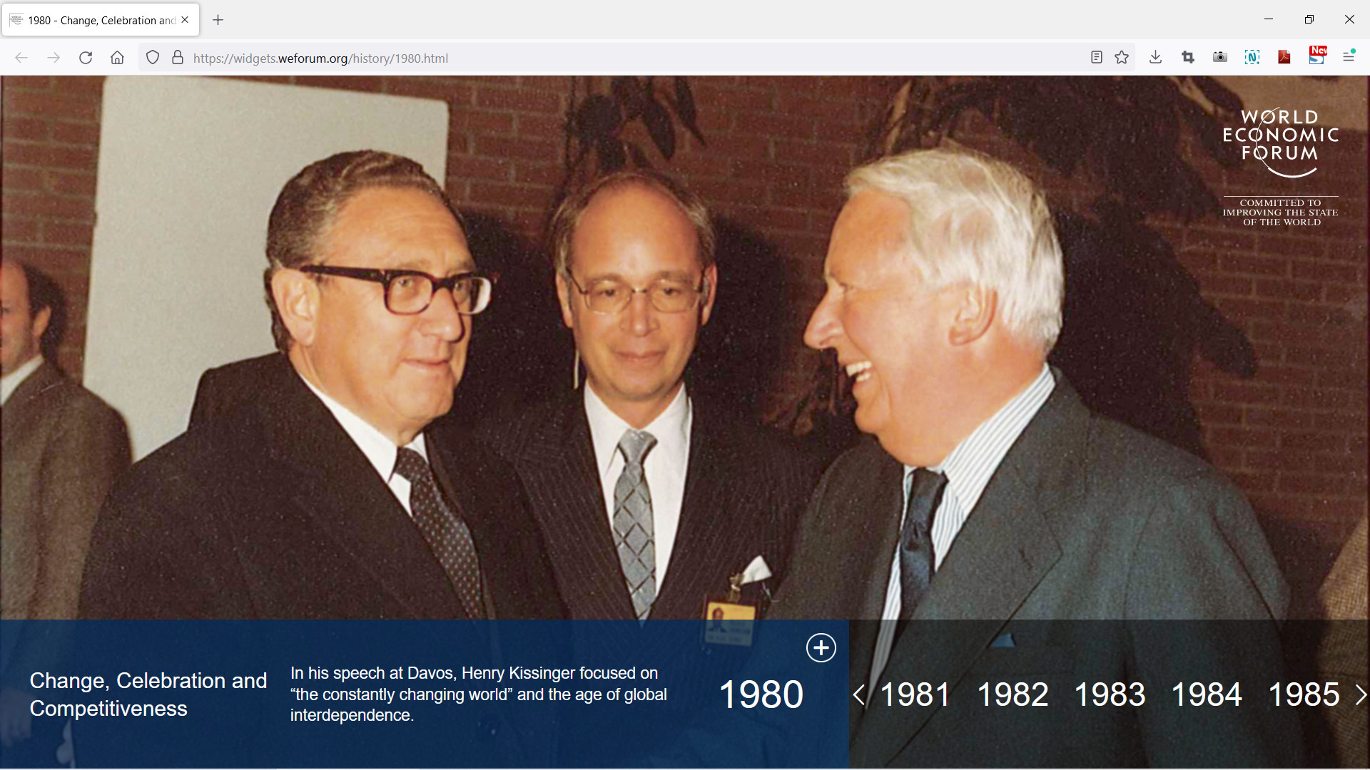 Henry Kissinger, Klaus Schwab and Edward Heath at an early World Economic Forum in Davos in 1980