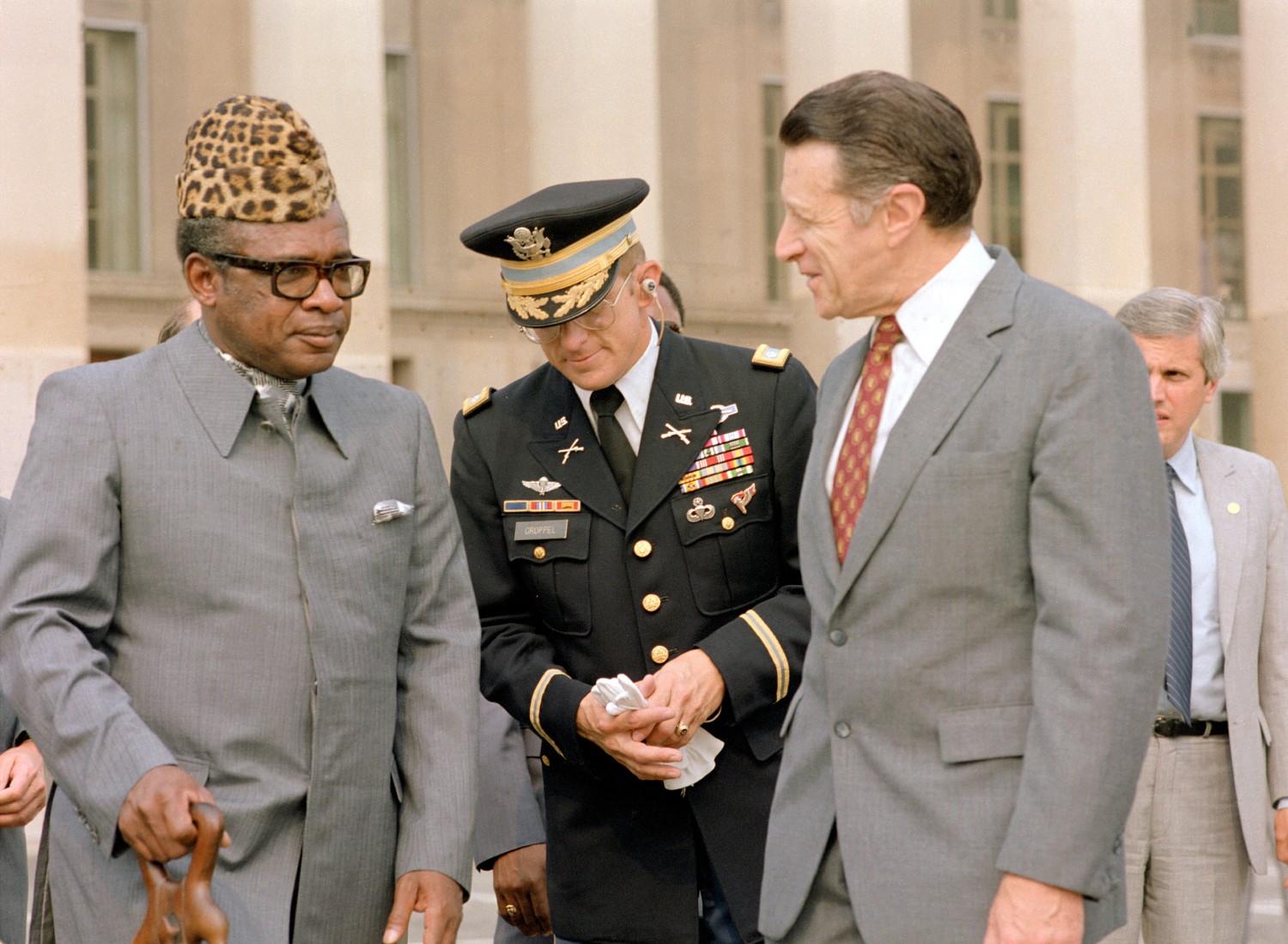U.S. Secretary of Defense Caspar W. Weinberger meets with President Mobutu of Zaire at the Pentagon on 5 August 1983