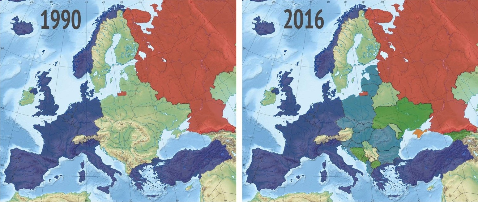 NATO expansion. In lightblue are NATO members added since 1990, in green are NATO candidates as of 2016.