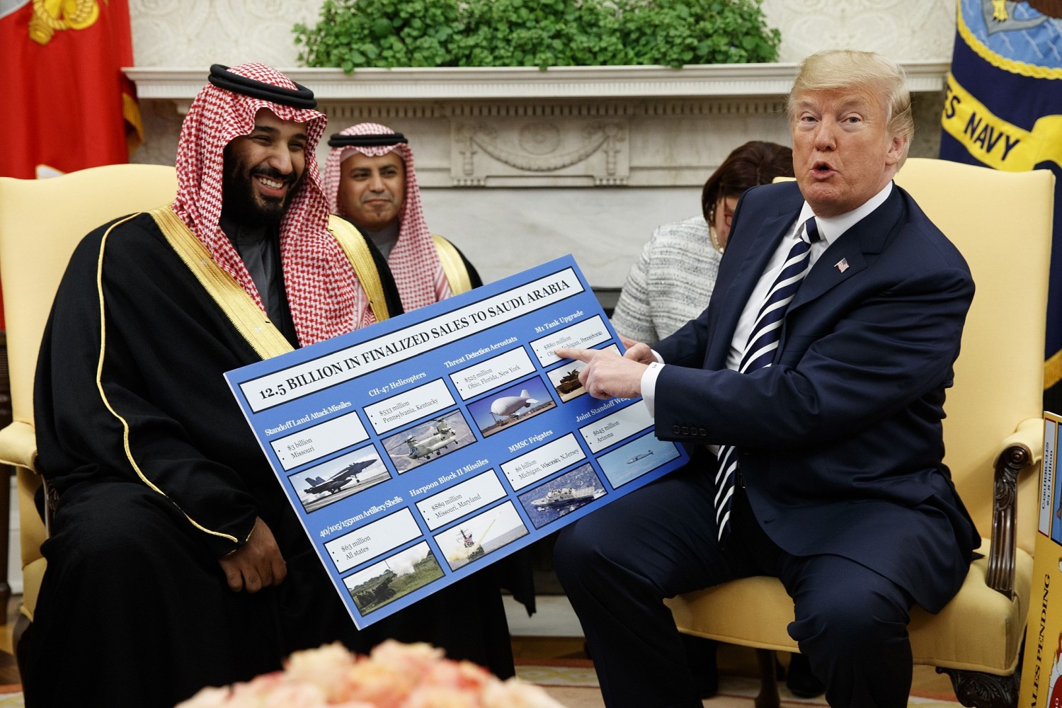 President Trump, pictured with Saudi Arabia's Crown Prince, holds a chart showing US military sales to the kingdom