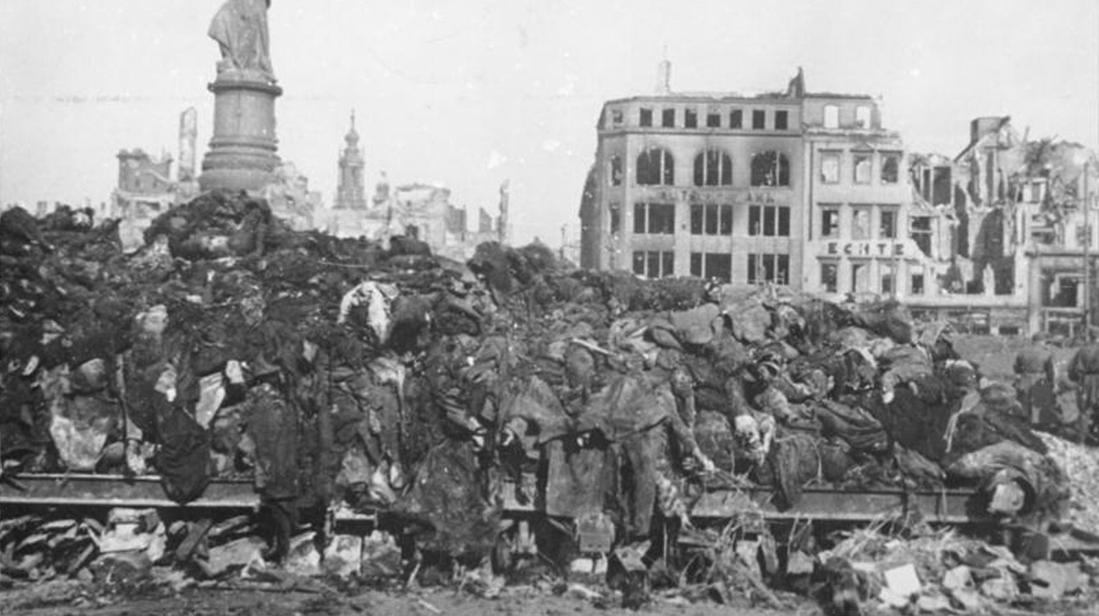 A pile of bodies awaits cremation after the firebombing of Dresden, February 1945